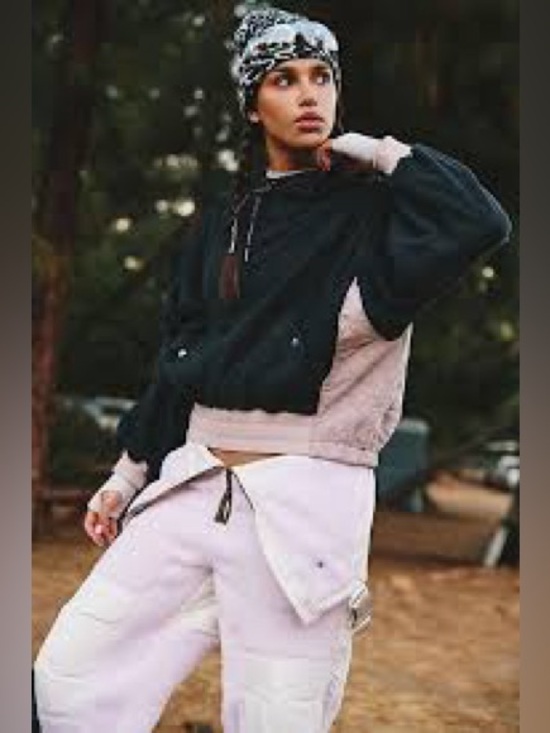 FP Movement by Free People Tops - FP Movement by Free People Black Fleece Hoodie with Cream Drawcord